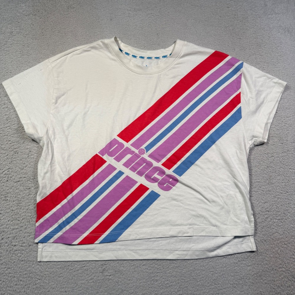 Prince Pickleball T-Shirt Womens Medium White Graphic Stripe Sporty Crop Top
